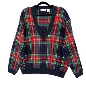 Elisabeth‎ Liz Claiborne Vintage Plaid Knit Sweater Bold Heritage Cotton 80s L